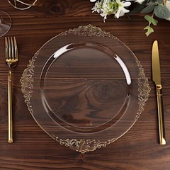 10 CLEAR GOLD 10″ Round Plastic Salad Dinner PLATES Embossed Baroque Rim Party