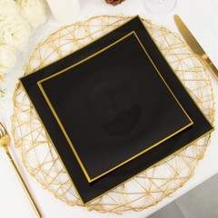 10 Square 10″ Concave Plastic Salad Dinner Plates Gold Rim Party Home