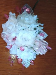 NEW 5″ Artificial White Rose Wrist Corsage Pink Plastic Gems, Silver Leaves