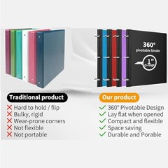 360° Pivotable 3 Ring Binder, 1 inch Black 2 PCS Non-Customizable Cover