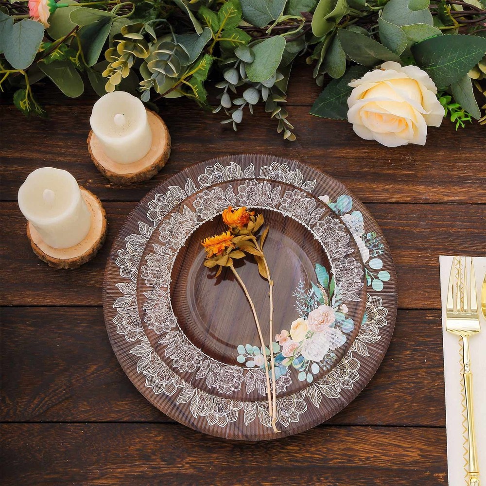 25 BROWN 8″ Wood Print Paper Dessert PLATES Floral Lace Rim Party Decorations