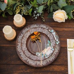 25 BROWN 8″ Wood Print Paper Dessert PLATES Floral Lace Rim Party Decorations