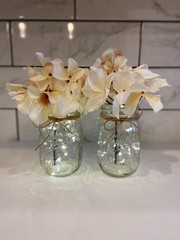 Hydrangea Lighted Mason Jar, Jute Bow, Fairy Lights, Custom Colors Available