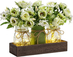 3 Pc Mason Jar Centerpiece Set w/Wood Tray & LED Lights, Green Farmhouse Decor