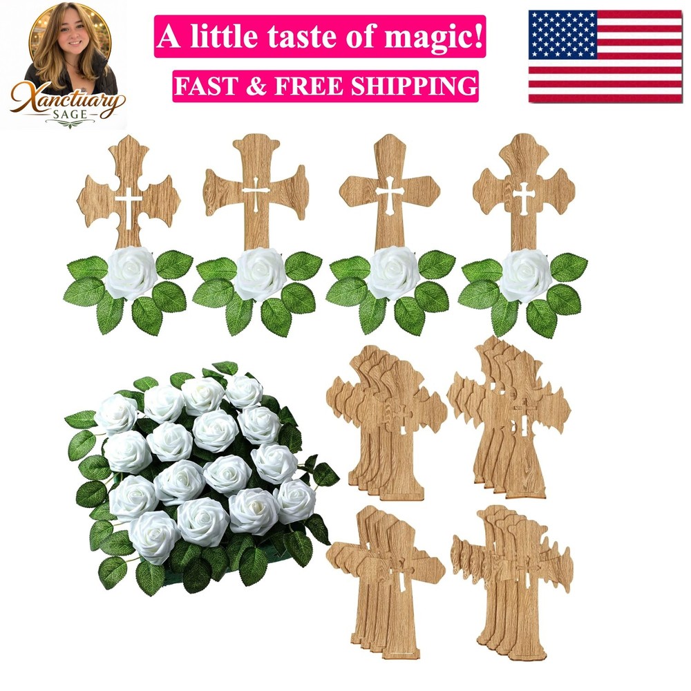 16 Sets Wooden Crosses for Crafts Baptism Centerpieces for Tables Standing Wo…