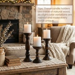 Farmhouse Wooden Candle Holders for Pillar Candles Set of 3, Vintage Brown