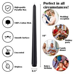 12-Pack Black Taper Candles, 10 Inch Unscented Dripless Candlesticks,