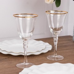 6 Clear Gold Wine Goblet Glasses 9oz Rimmed Design with Long Beaded Stem Party