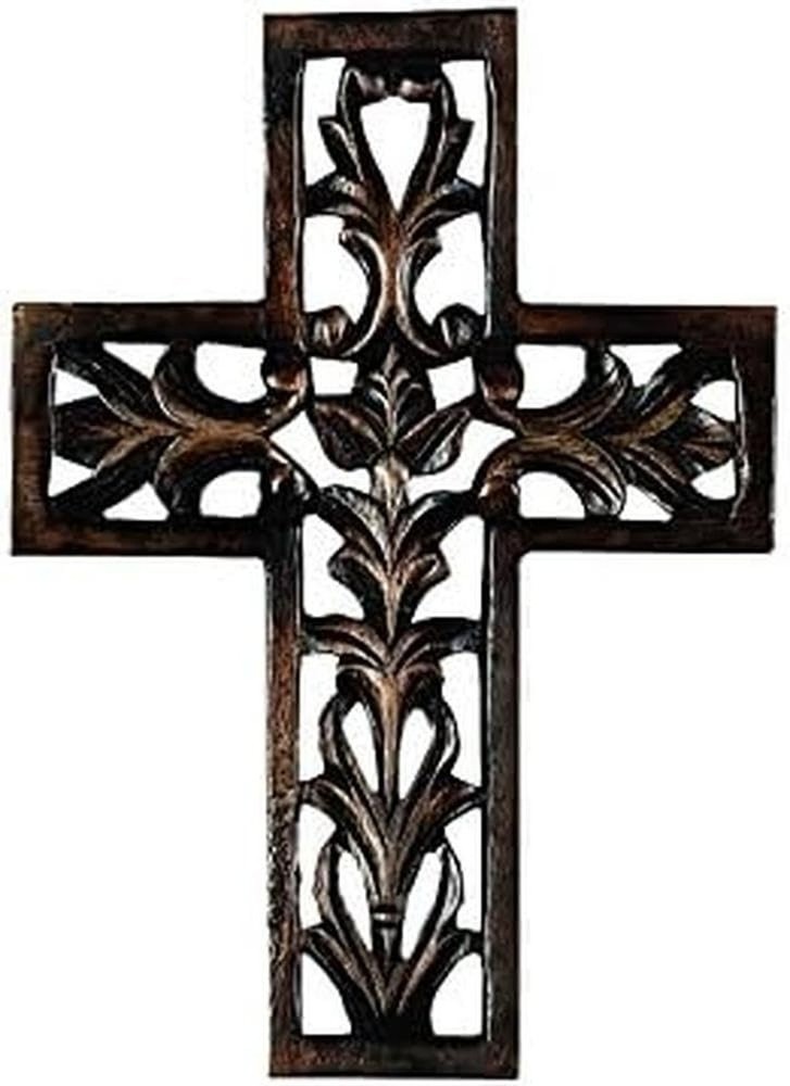 Deco 79 Mango Wood Biblical Carved Cross Wall Decor, 9″ x 1″ x 12″, Brown