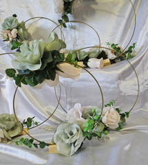 6 Pc Wedding Table Centerpieces, Green, Ivory, Round, Circle, Gold, Wood