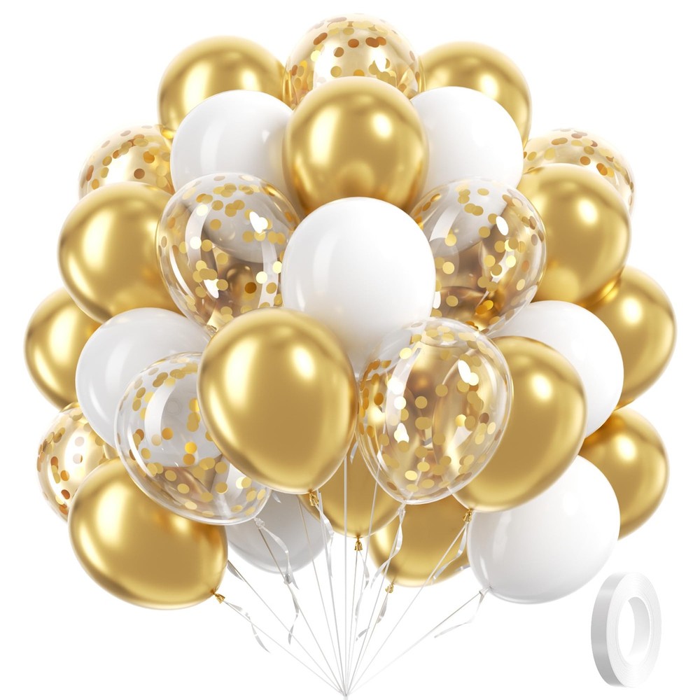 60pcs Gold and White Balloons 12inch, 12 inches,