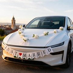 15 Pcs Luxury Wedding Car Decoration Kit – White Rose Bouquet with Tulle Ribbon