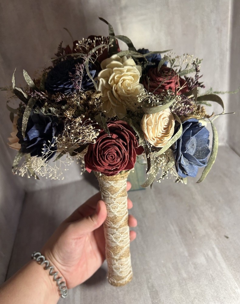 Rustic Sola Wood Flower Bouquet Cream Navy Burgundy Flowers Z1