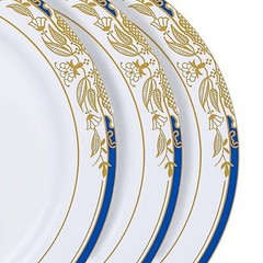 10″ White ROUND PLATES Royal Blue Gold Trim Party Wedding Disposable Tableware