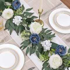 Flower Garland Artificial Rose Vine Flowers with Green Leaves 2PCS Blue&white