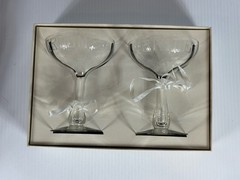VTG MCM Engraved BRIDE GROOM Glasses Hollow Stem Champagne Coupes 1967 In Box