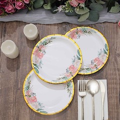 25 White Round Paper Plates Floral Design Gold Rim Party Events Home Tableware