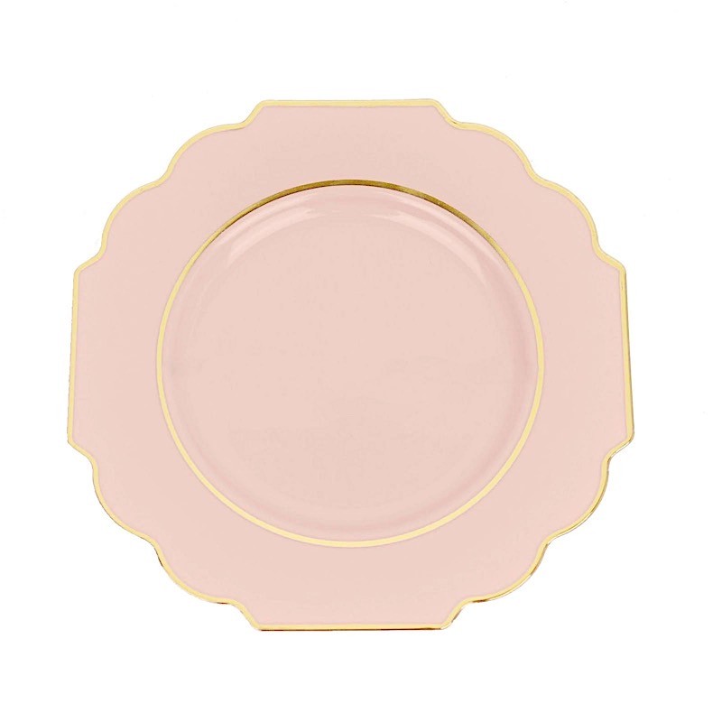 10 BLUSH 8″ Baroque PLASTIC DESSERT PLATES with Gold Rim Party Event Decorations