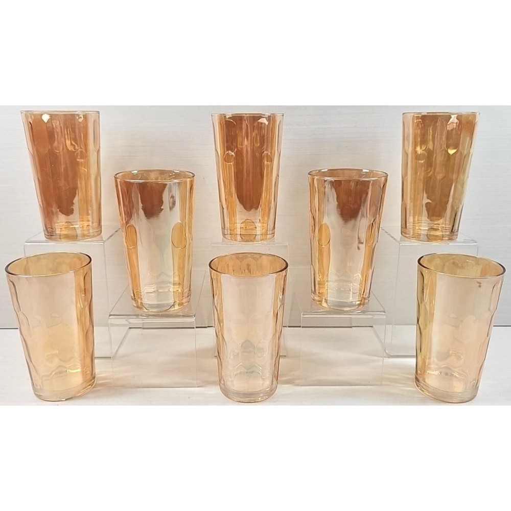 Set 8 Jeanette Hex Optic Iridescent Glasses Carnival Honeycomb Marigold Bareware