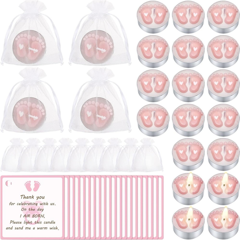 20 Sets Baby Shower Party Favors Pink Tea Lights Candles with Organza Bag