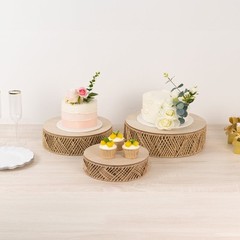 3 NATURAL Pedestal Cake Stands Jute Rattan with Wooden Top Plates Wedding