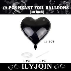 Heart Balloons, 12PCS Heart Foil Ballons, ILYJNQIN18inch Valentine Black