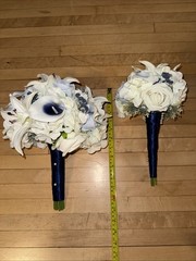 Lot Of 3 Sink Floral Bouquets Bride Groom Maid Of Honor Flower Girl Blue & White