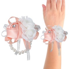 2 Pcs Wrist Corsage Silk Rose Pearls Wedding Bridesmaid Champagne