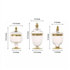 3 pcs Clear Gold Trim Glass Apothecary Jars Lids Wedding Supplies Sale