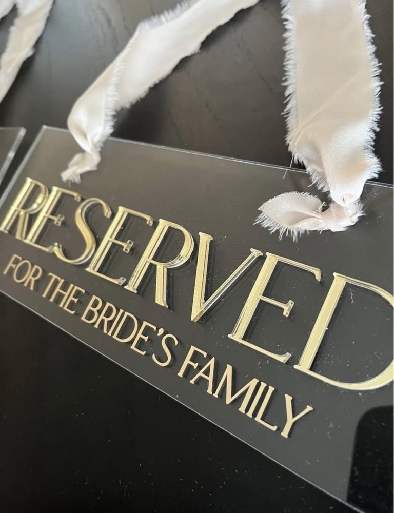 Acrylic Hanging Reserved Signs with Ribbon, Set of 2, Wedding, Clear Gold White
