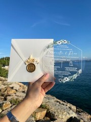 50 pieces; Floral acrylic wedding invitation. Parchment envelope. Wax seal