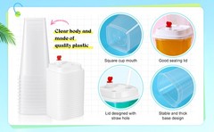 100 Pcs Square Plastic Cup with Lids and Straws 16 oz Clear Disposable Cold