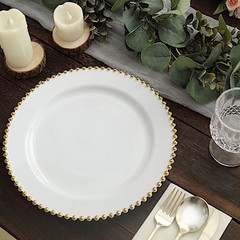 WHITE GOLD 10 Round 10″ Plastic Salad PLATES Beaded Rim Party Events Decorations