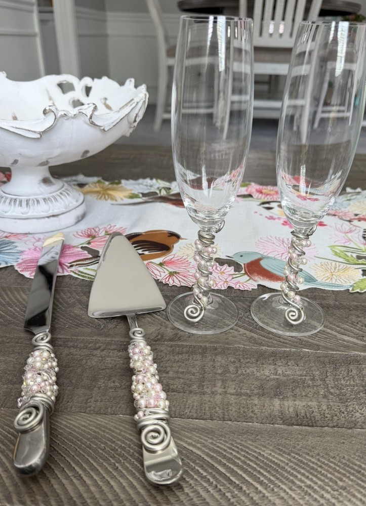 4 Pcs Wedding Cake Knife & Champagne Server Set for Bride Pink beads