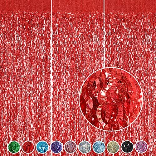 3 Pack Red Backdrop Curtain – 3.3 ft x 6.6 ft Foil Backdrop Curtain Laser Red