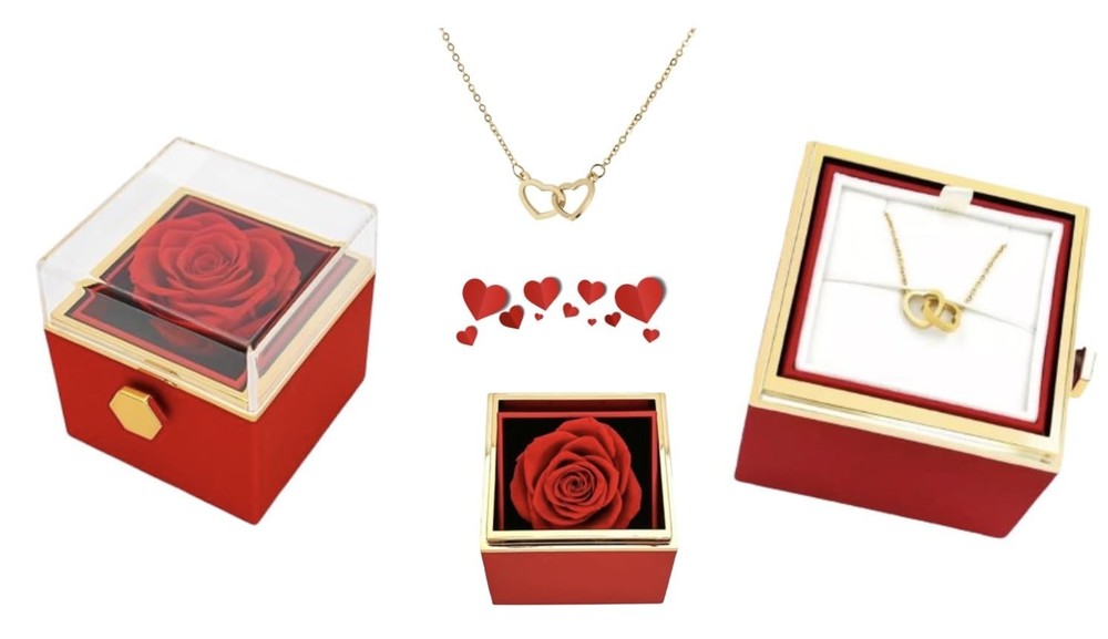 Valentine day Gift Preserved Rose In Rotating Jewelry Box Gifts with Gold Engrav