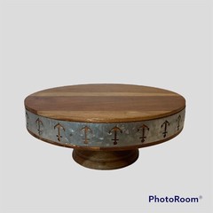 Cake Stand Riser 4.5” High 11” Round Wood Galvanized Metal Band Trim India Made