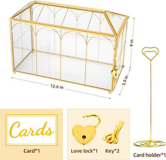 Glass Wedding Card Box with Lock, 12.6X5.9X9 Inches Large Gold Card Boxes for We