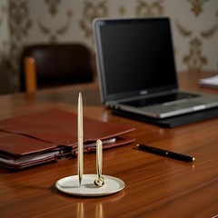 Gold Pen & Pen Stand Round Pen Holder Signing Set – Metal Attached Desk