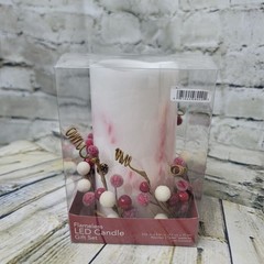 Flameless LED Candle White w Candy Canes and Holly Berries Winter Christmas