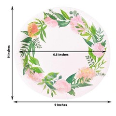 25 White 9″ Round Paper Plates with Flower Wreath Design Disposable Tableware