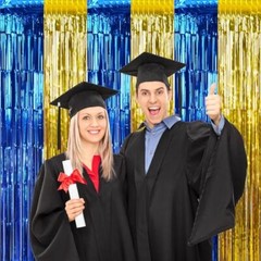 3 Pack 3.3Ft x 6.6Ft Graduation Foil Fringe Curtain Backdrop Blue Gold