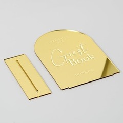 Gold Acrylic Wedding Guest Book Sign W/ Base Rustic Table Decor 5×7 inches New