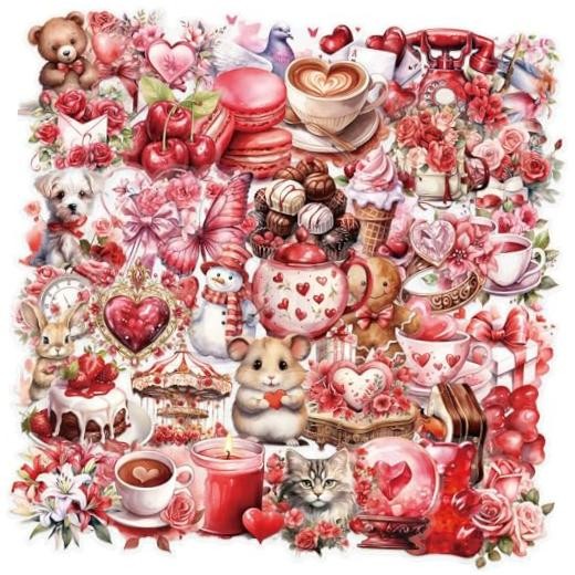50pcs Transparent Love Stickers,Vintage Valentine Sticker Waterproof PET Red