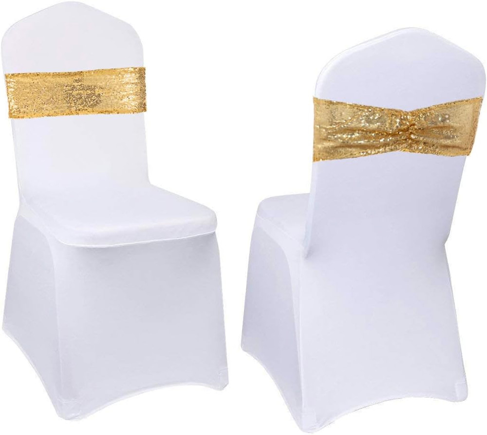 Set of 100 Sequin Gold Chair Sashes for Chair Cover Wedding Party Decorations