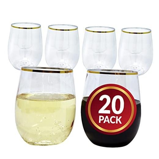 12oz. Disposable Wine Glasses Gold-Rim (20 Pack) Stemless Crystal Clear |