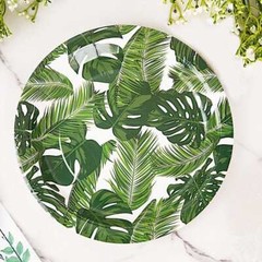 25 WHITE 9″ Round Paper Plates with TROPICAL Leaves Design Disposable Tableware