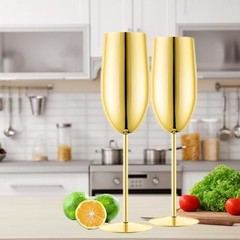 Stainless Steel Champagne Flutes Set of 2-Unbreakable Metal Long Stem Gold