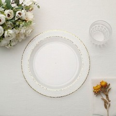 50 CLEAR 10″ Round Salad PLATES Hammered GOLD Trim Party Events Wedding Supplies