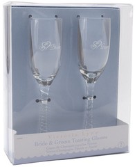 BRIDE & GROOM ETCHED CHAMPAGNE GLASSES TOASTING FLUTES SET OF 2 VICTORIA LYNN